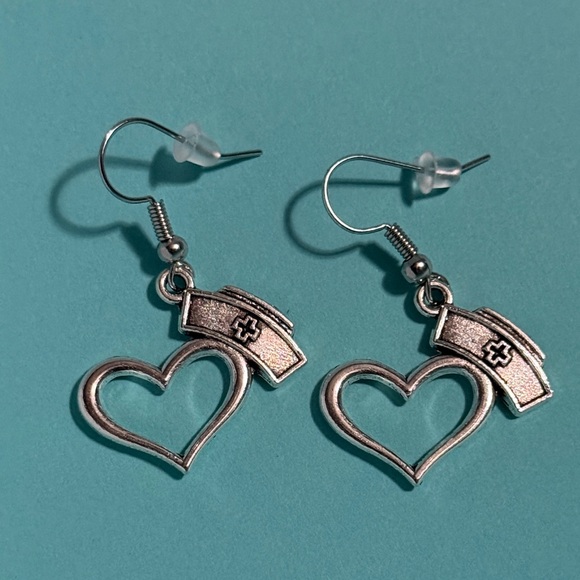 Jewelry - Silver Heart with Nursing Hat Earrings
